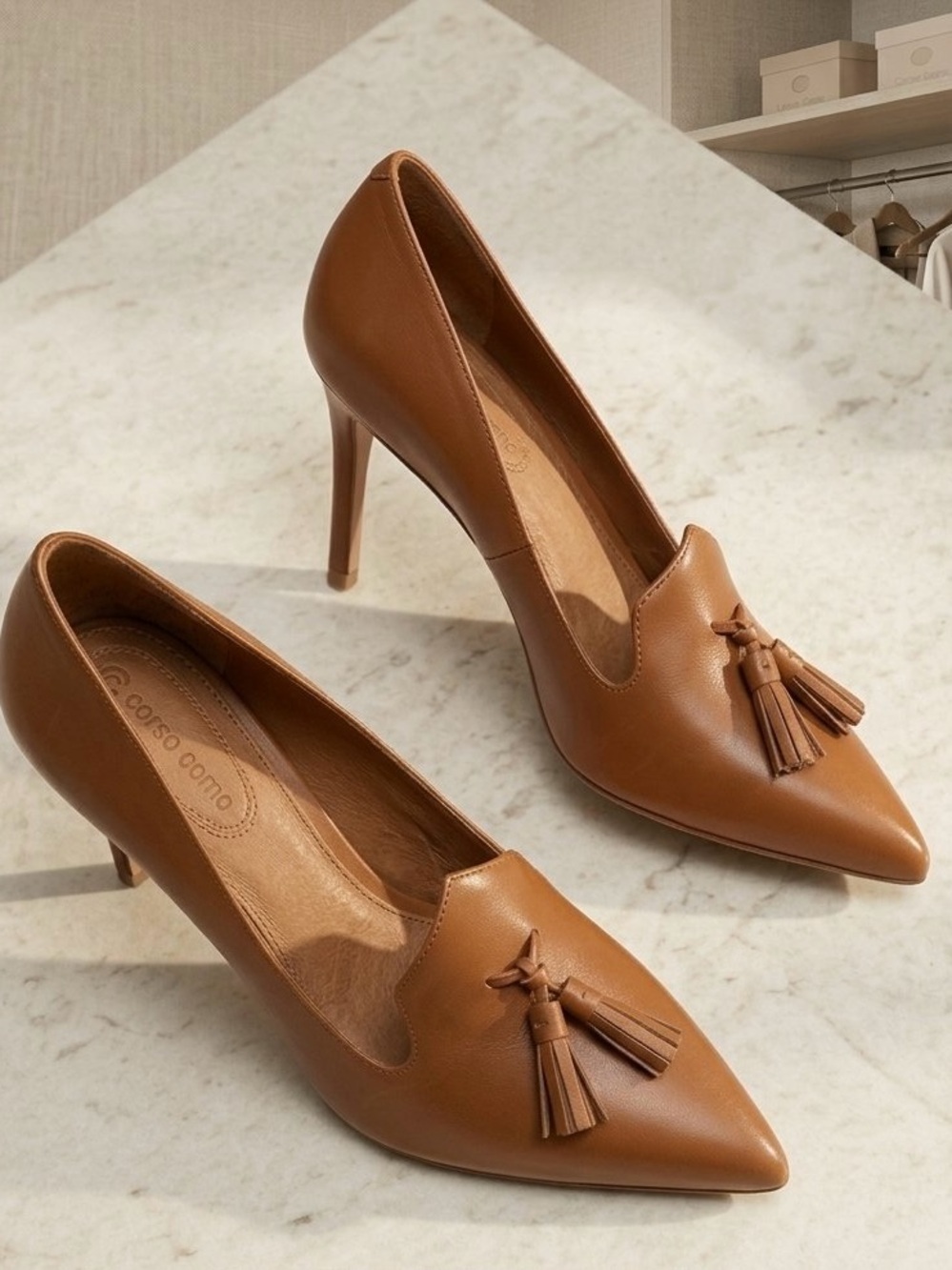 NWOT Corso Como Brown Leather Pointed Toe Tan Preppy Tassel Heels Sz 6.5